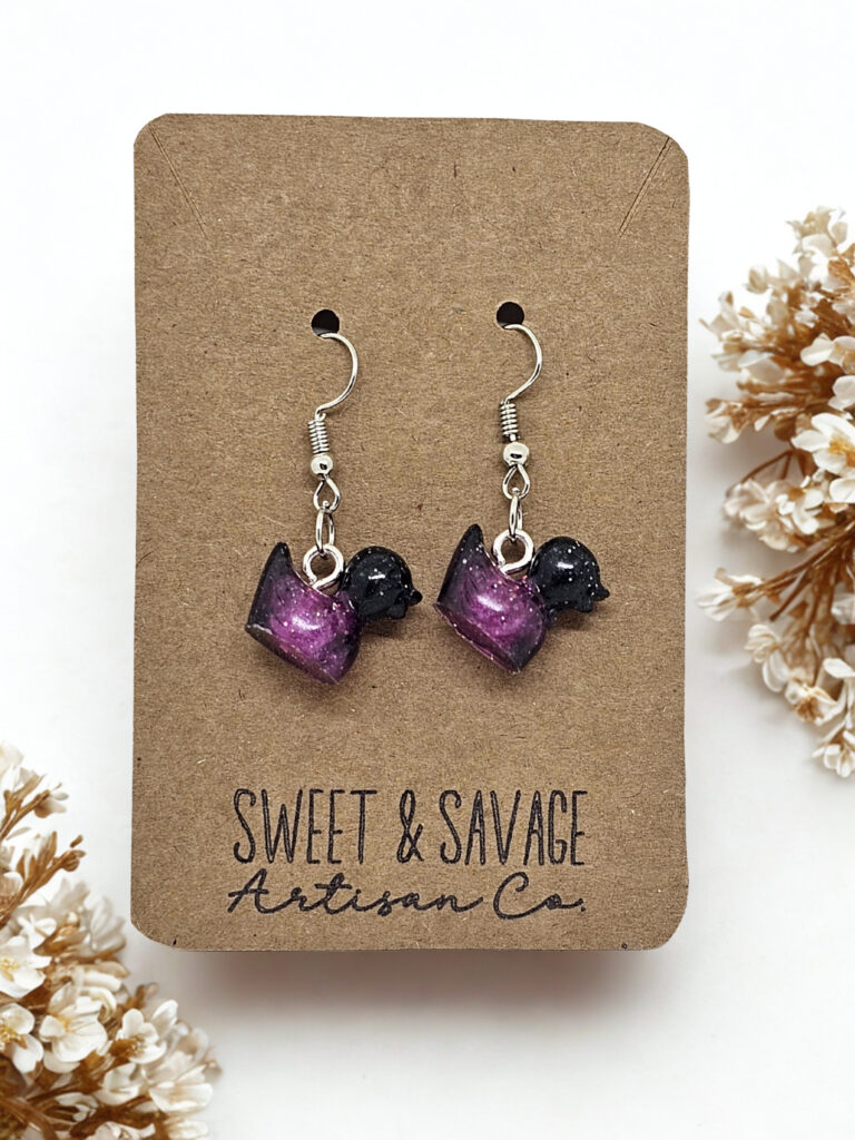 Midnight Mischief – Black & Purple Glitter Duck Dangle Earrings