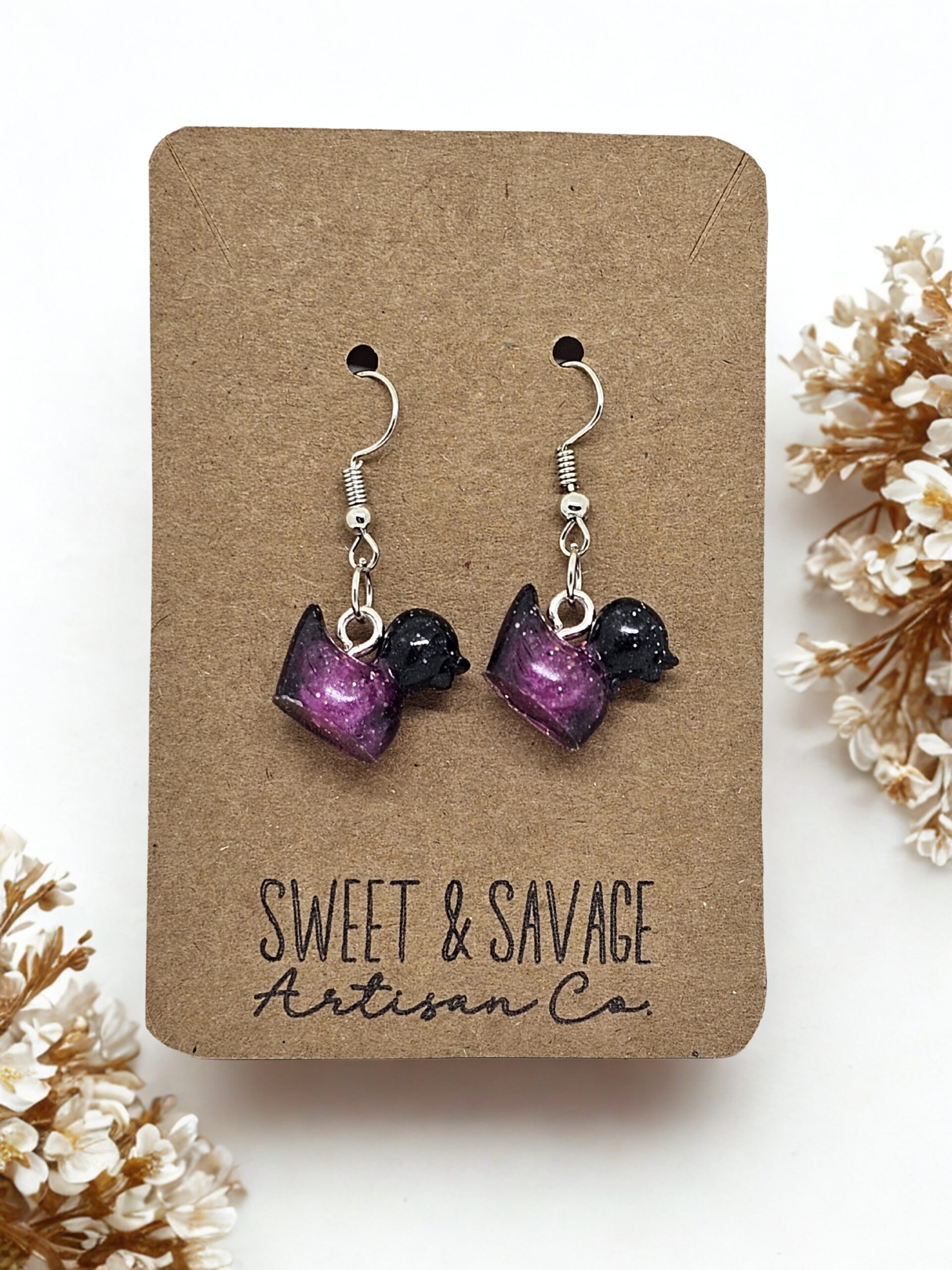 Midnight Mischief – Black & Purple Glitter Duck Dangle Earrings