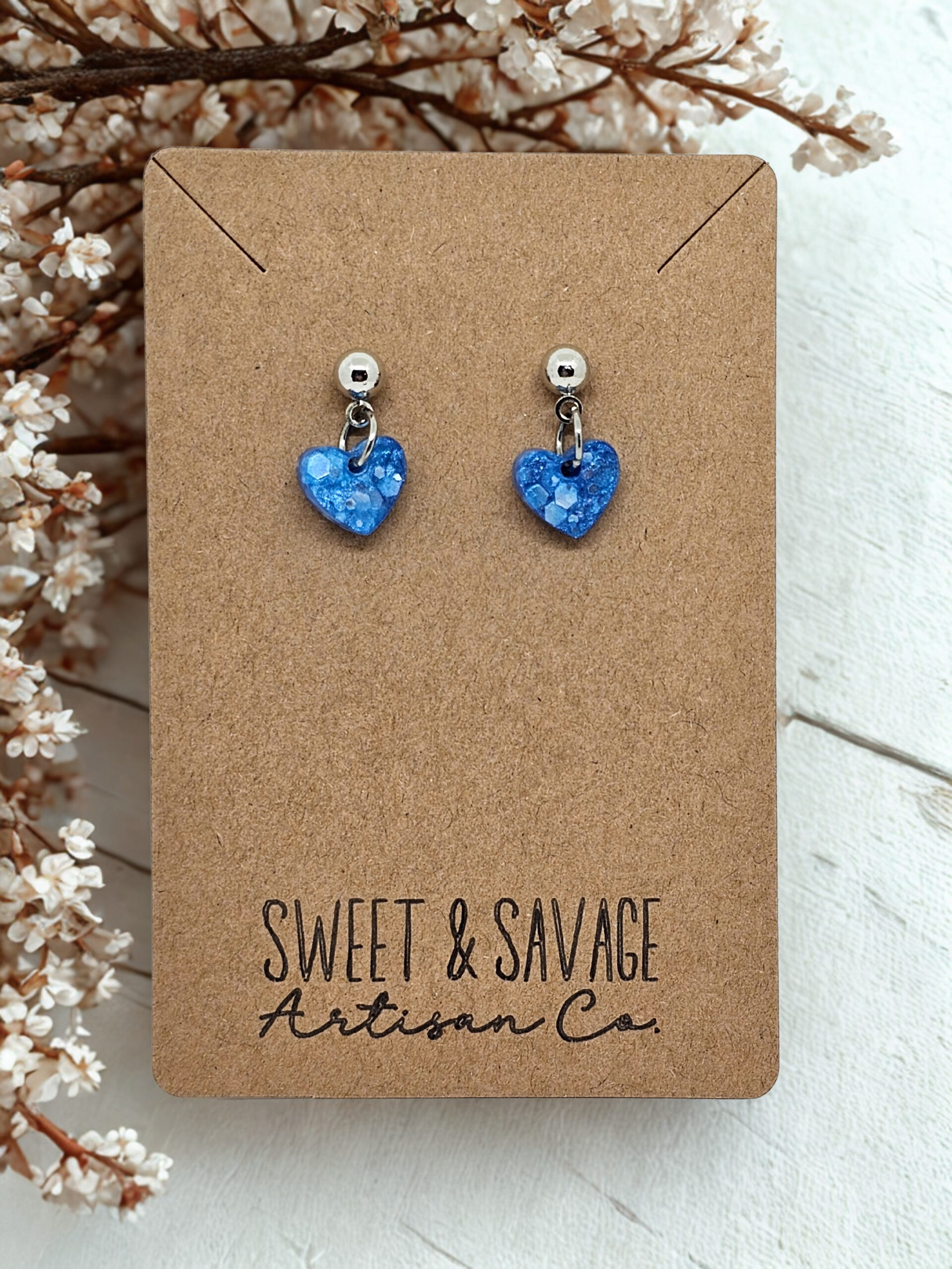 Sapphire Stardust Heart Dangle Earrings – Blue Glitter - Image 3