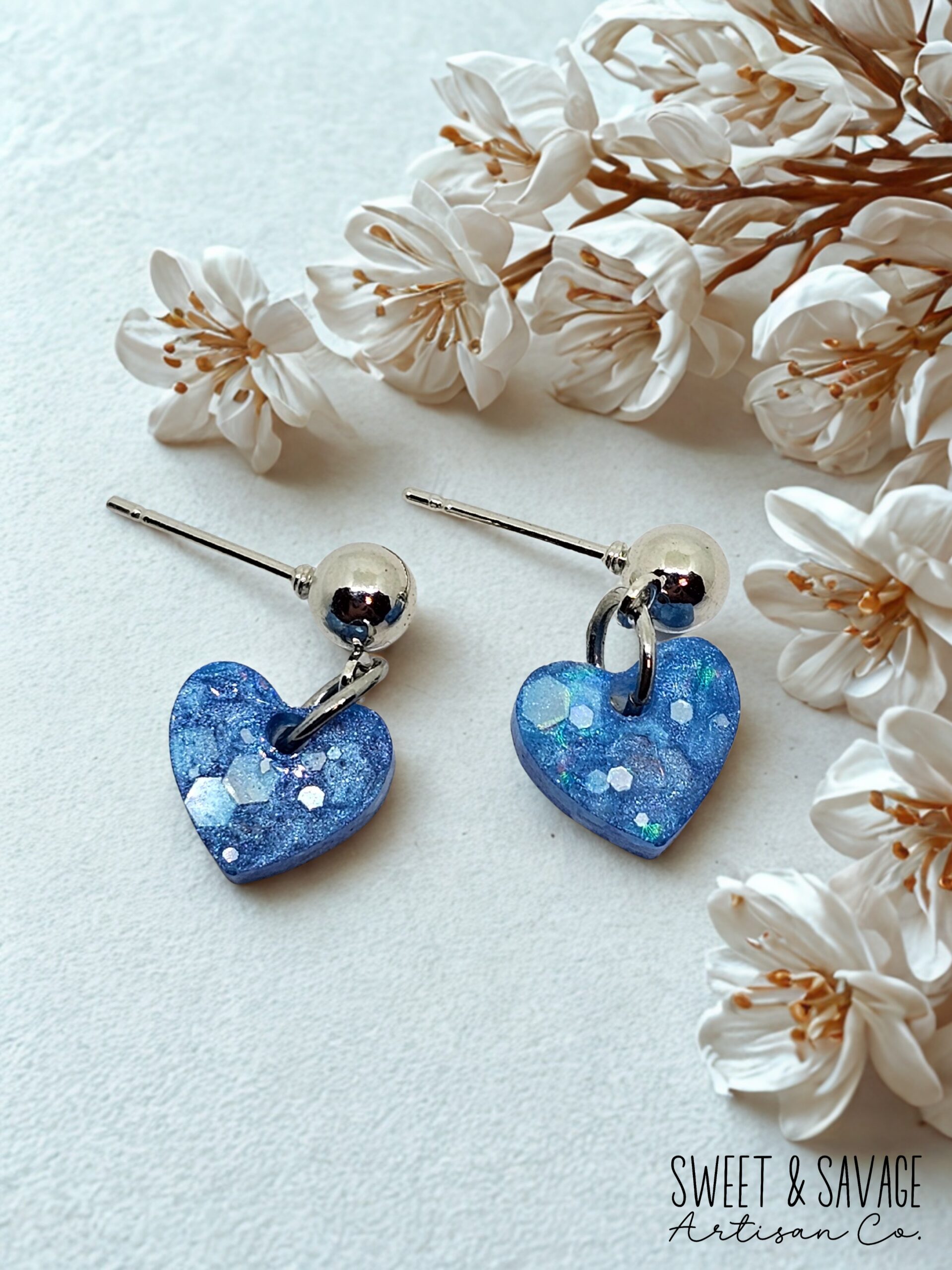 Sapphire Stardust Heart Dangle Earrings – Blue Glitter - Image 2
