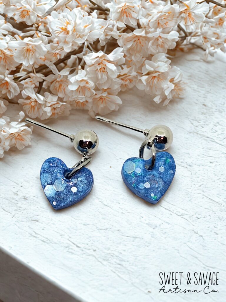 Sapphire Stardust Heart Dangle Earrings – Blue Glitter