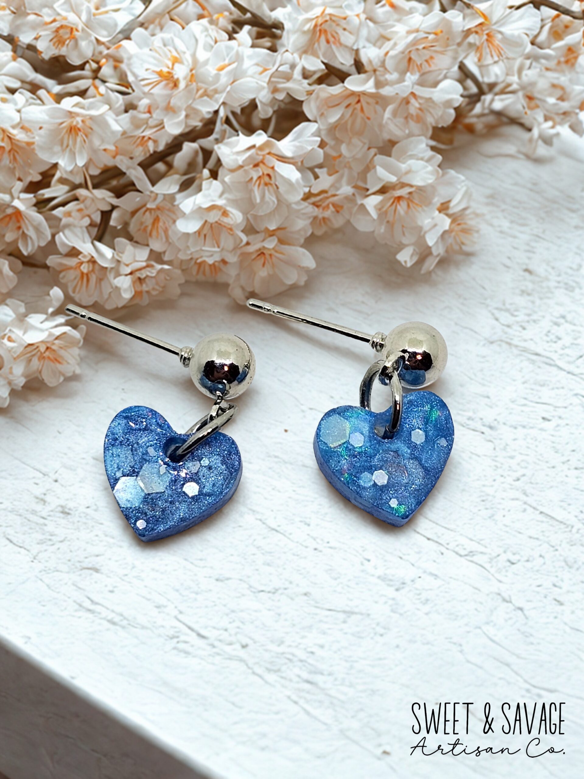 Sapphire Stardust Heart Dangle Earrings – Blue Glitter