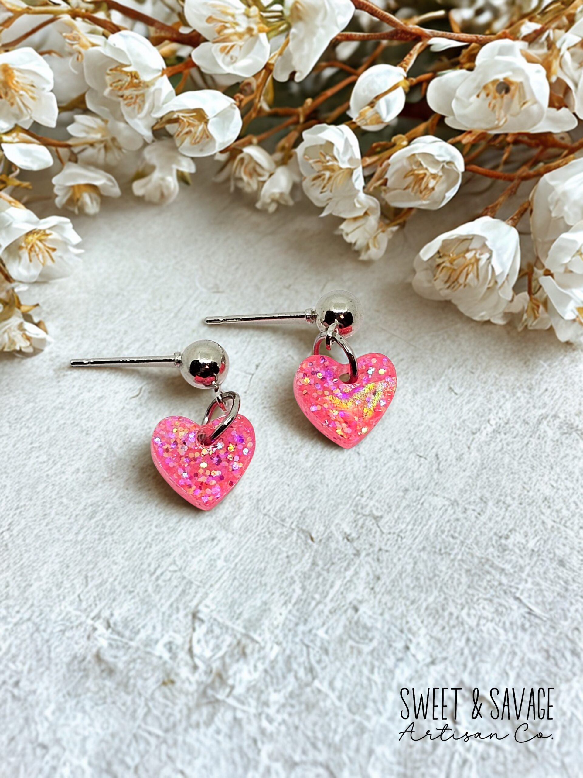 Fuchsia Stardust Heart Dangle Earrings – Hot Pink Glitter - Image 3