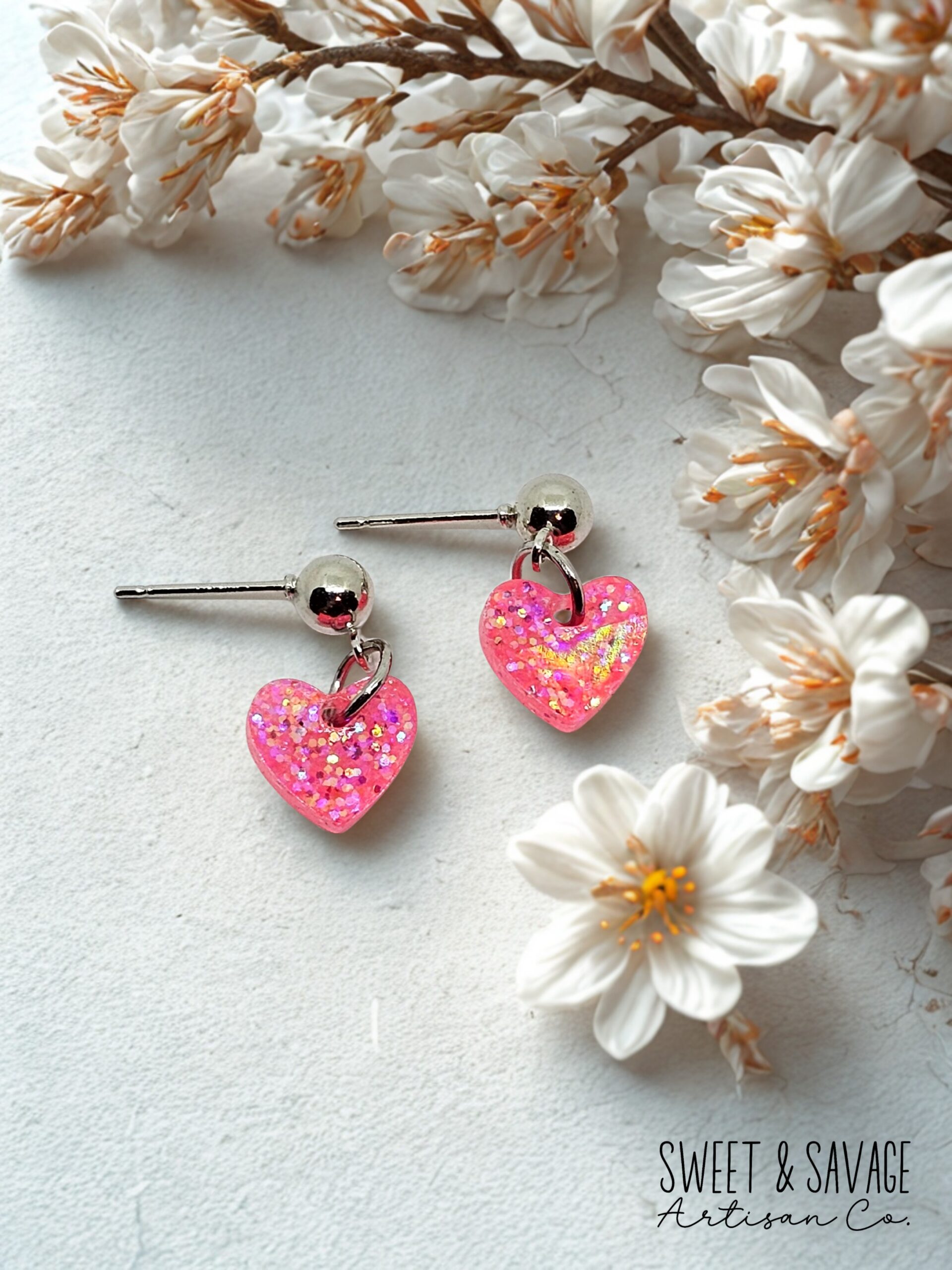 Fuchsia Stardust Heart Dangle Earrings – Hot Pink Glitter - Image 2