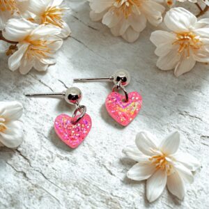 Fuchsia Stardust Heart Dangle Earrings – Hot Pink Glitter