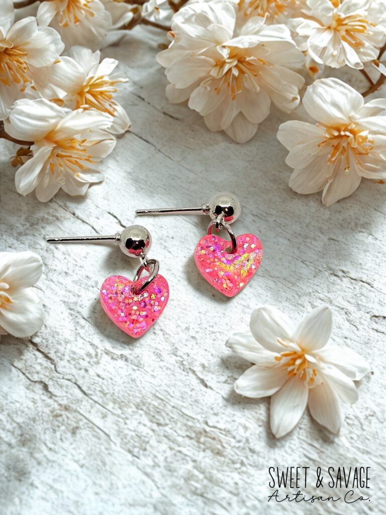 Fuchsia Stardust Heart Dangle Earrings – Hot Pink Glitter