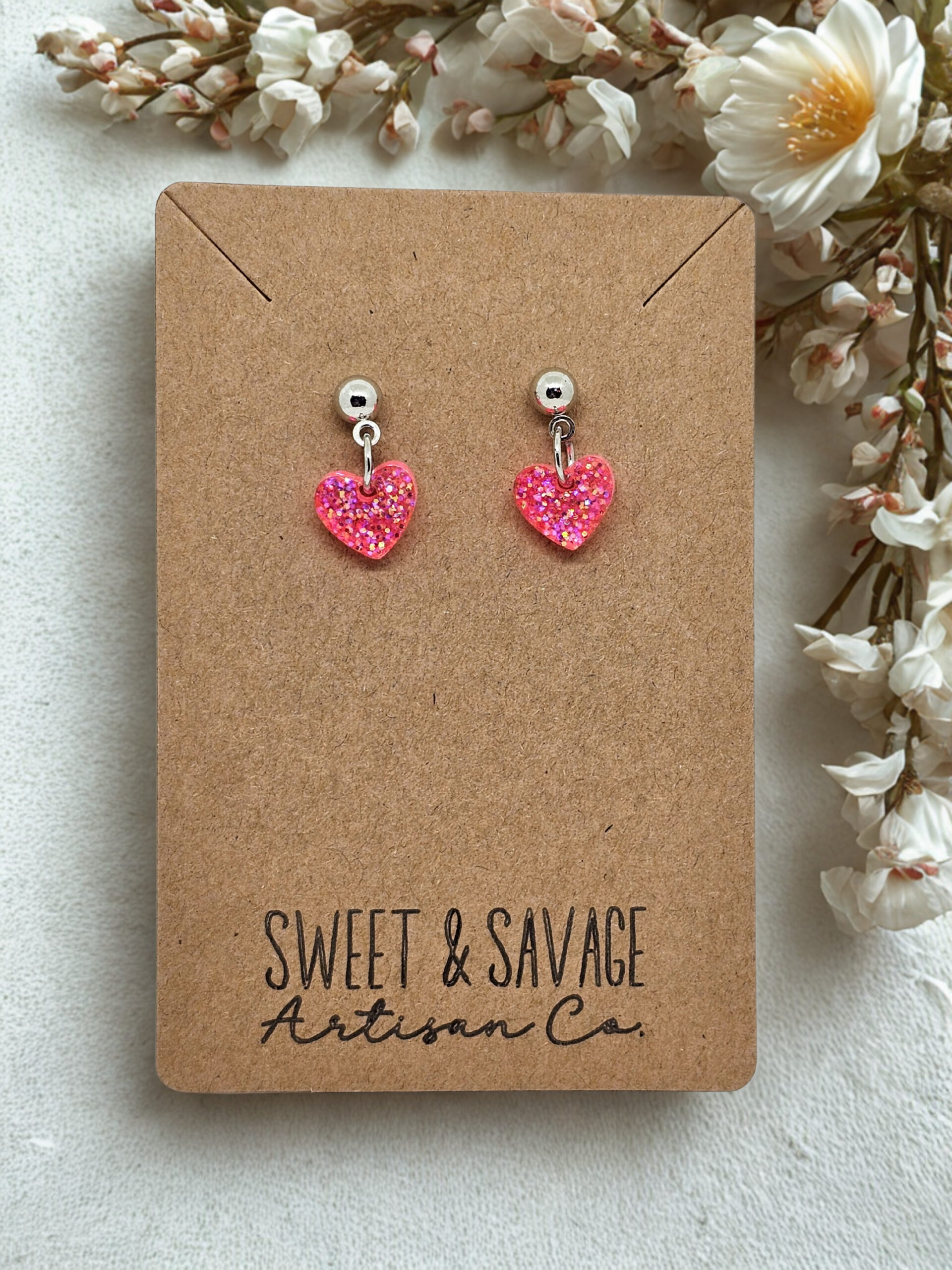Fuchsia Stardust Heart Dangle Earrings – Hot Pink Glitter - Image 4