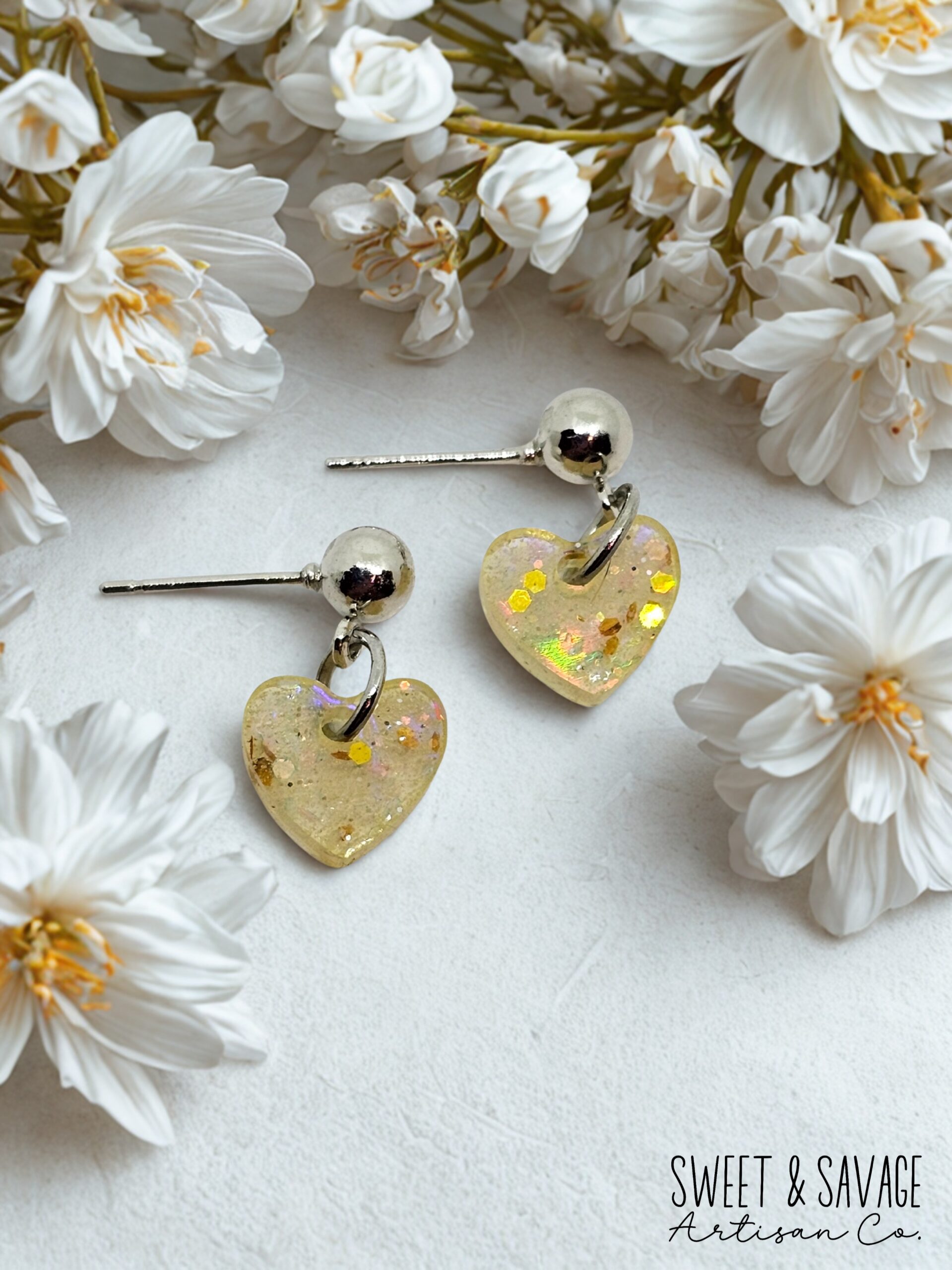 Golden Stardust Heart Dangle Earrings – Champagne Gold Glitter - Image 2