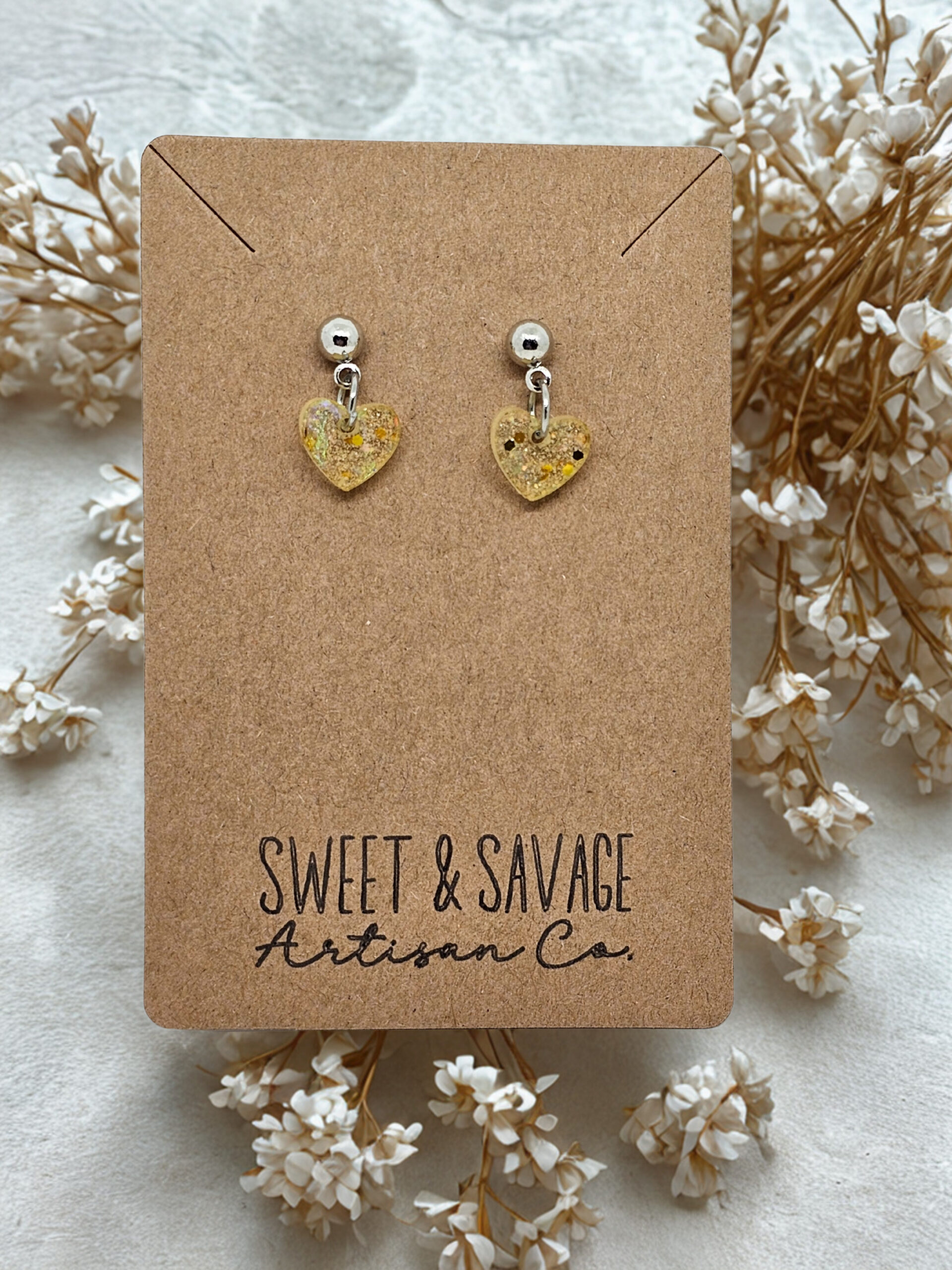 Golden Stardust Heart Dangle Earrings – Champagne Gold Glitter - Image 4