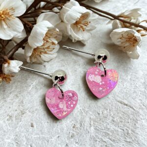 Pink Stardust Heart Dangle Earrings – Iridescent Glitter