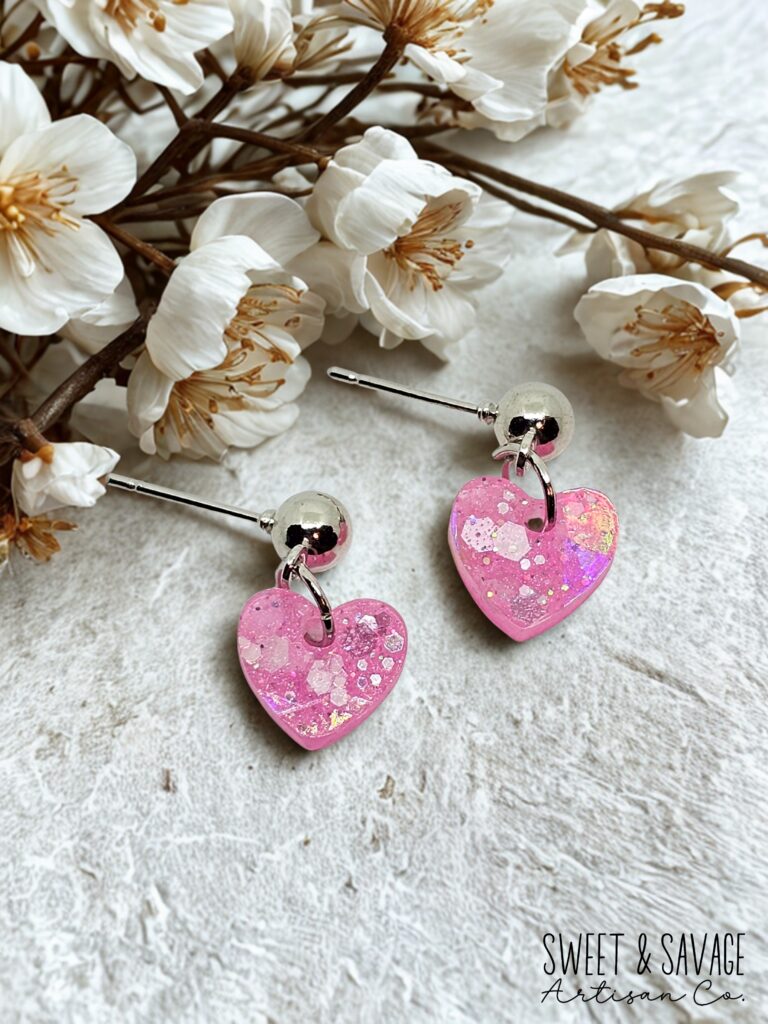 Pink Stardust Heart Dangle Earrings – Iridescent Glitter