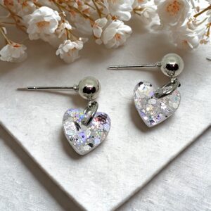 Silver Stardust Heart Dangle Earrings – Iridescent Glitter