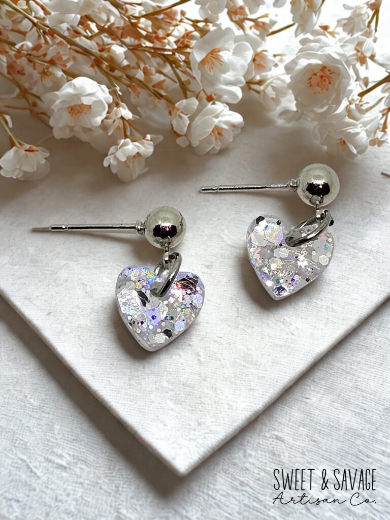 Silver Stardust Heart Dangle Earrings – Iridescent Glitter