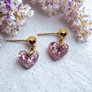 Pink Glitter Heart Dangle Stud Earrings – Gold-Tone Accents
