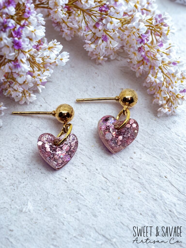 Pink Glitter Heart Dangle Stud Earrings – Gold-Tone Accents